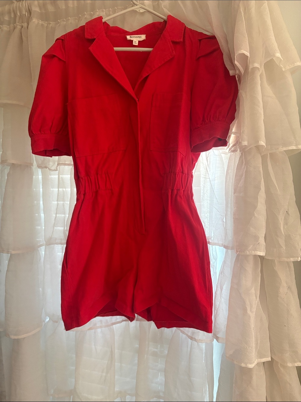 Red denim romper